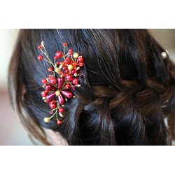 Peigne à chignon fleurs bordeaux rouges et fils dorés