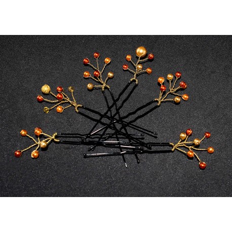 6 Epingles à cheveux aux perles tons oranges