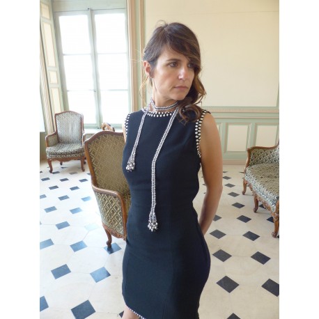 Sautoir en perles fines noires et blanches