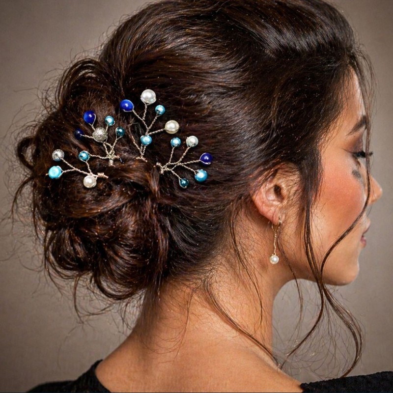 Epingles de cheveux wire wrapping  bohème bleues