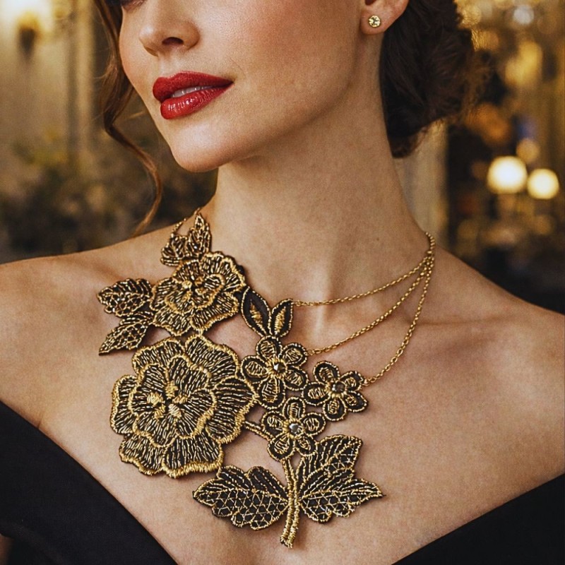 Collier dentelle florale noire et dorée - élégance et raffinement