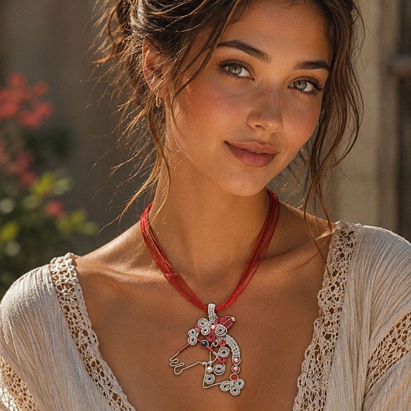 Collier bohème chic cheval rouge en wire wrapping