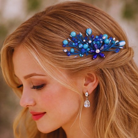 Peigne de cheveux wire wrapping  bohème chic bleu