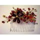 Peigne à chignon fleurs bordeaux rouges et fils dorés