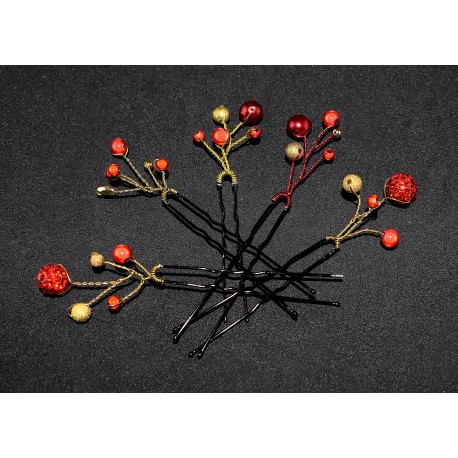 5 Epingles à cheveux aux perles tons rouges
