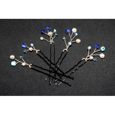 5 Epingles à cheveux aux perles tons bleutés